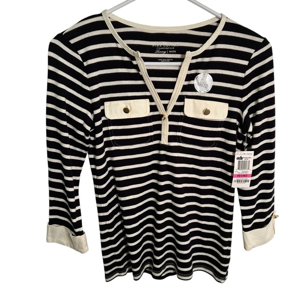 Charter Club Pima Cotton Split Neck Top Black Cream Stripes P - Picture 1 of 9